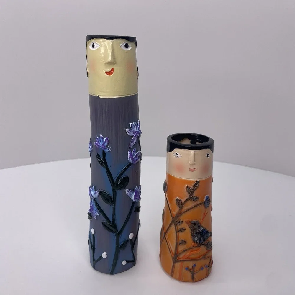 Creative Face Bud Resin Vases Boho Family‎ Set Of 2 Home Decor Orange/ Blue
